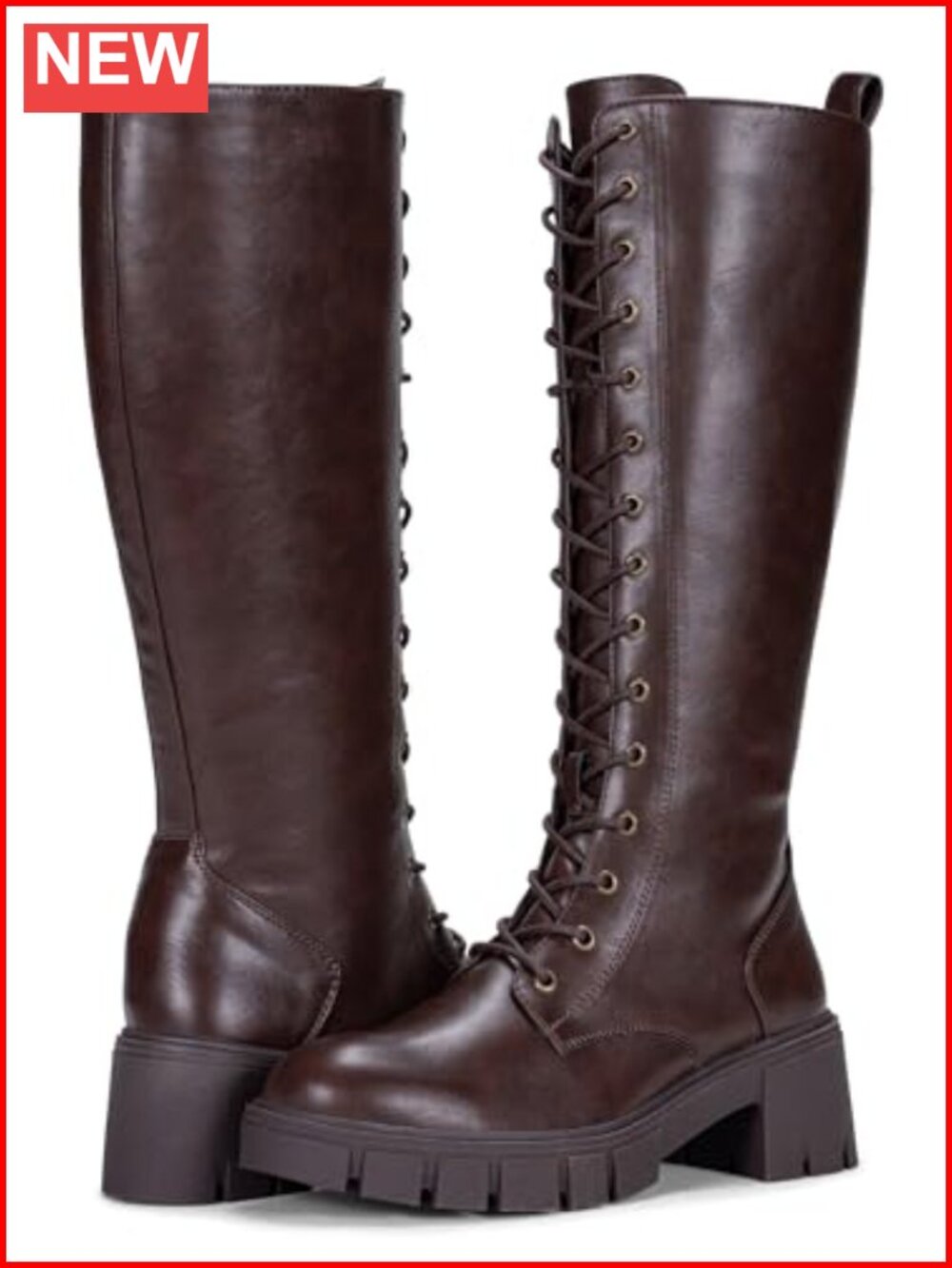 Women's Faux Leather Lace Up Platform Chunky Heel Knee High Combat Boots